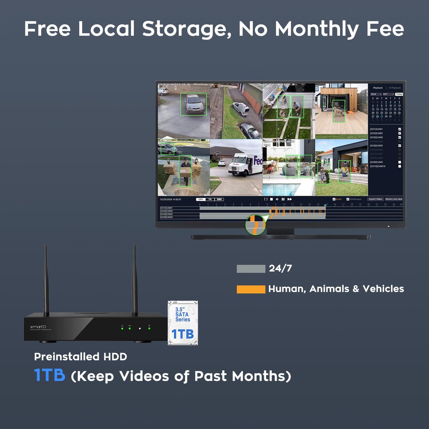 XMARTO [16 Dual-Lens Camera Bundle] 32-View Long Range WiFi6 Mesh Security System, 16CH 4K Dual Band NVR, 4MP 180°+Static FOV & 360°PTZ AI Tracking, 24/7 Plug-in Surveillance, 1TB HDD, No Monthly Fee