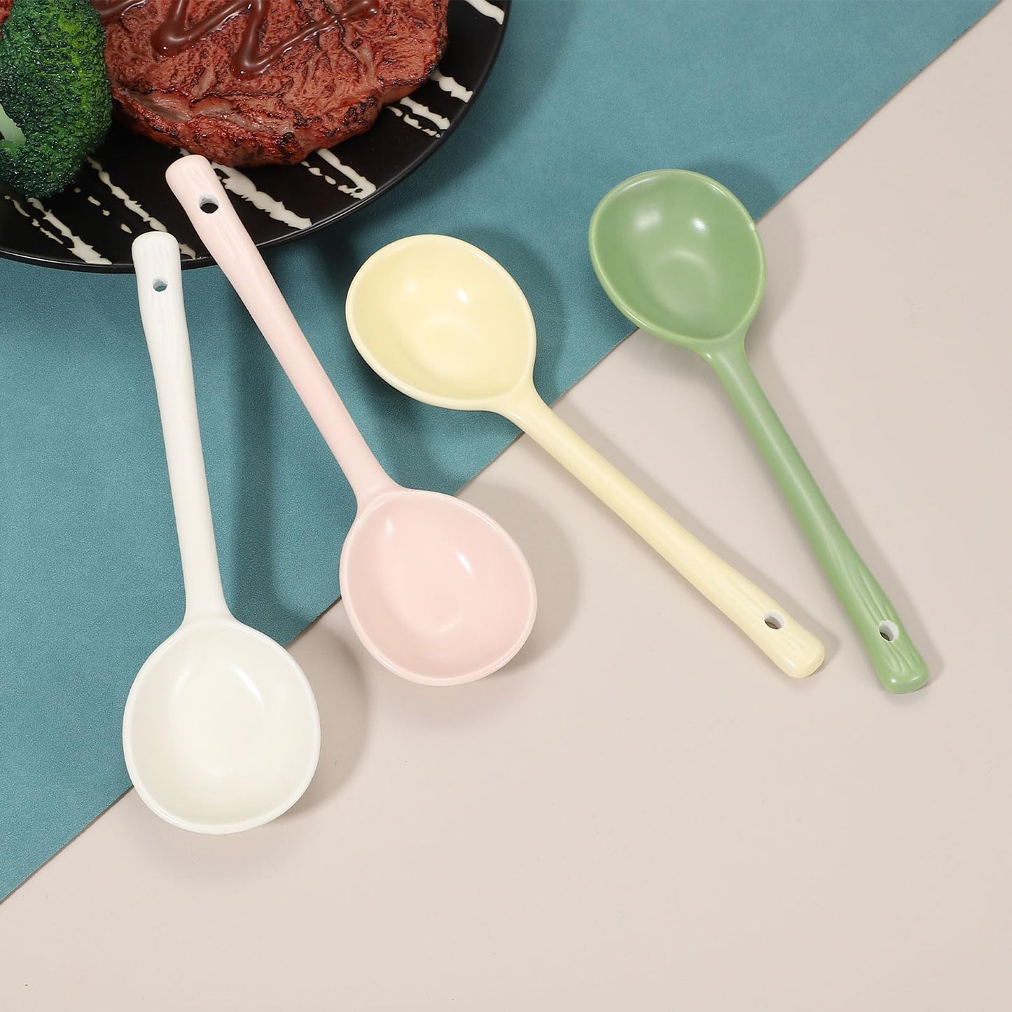 uxcell 4pcs Ceramic Soup Spoons, Long Handle Dinner Serving Spoon for Soup, Noodles, Dumplings Pink