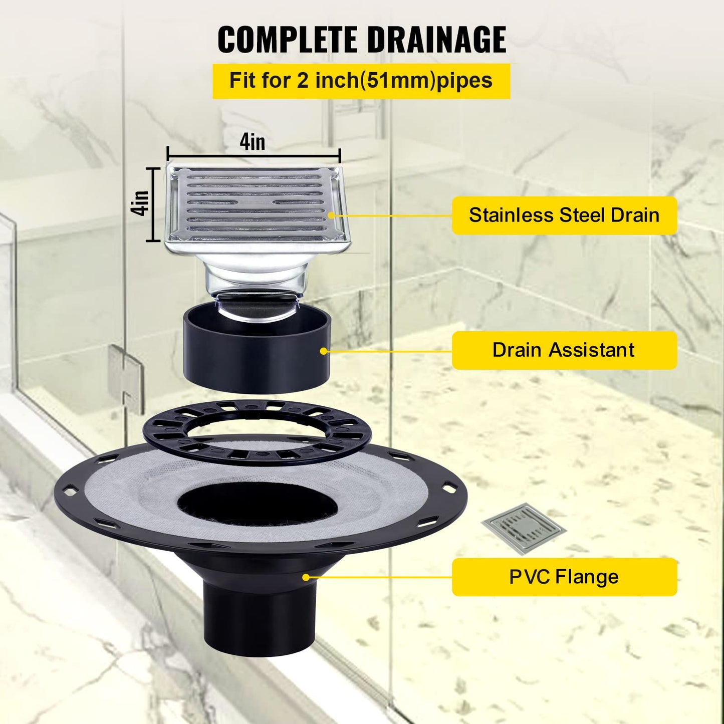 VEVOR Shower Curb Kit, 48"x72" Watertight Shower Curb Overlay with 4" PVC Central Bonding Flange, 4" Stainless Steel Grate, 2 Cuttable Shower Curb and Trowel, Shower Pan Slope Sticks Fit for Bathroom