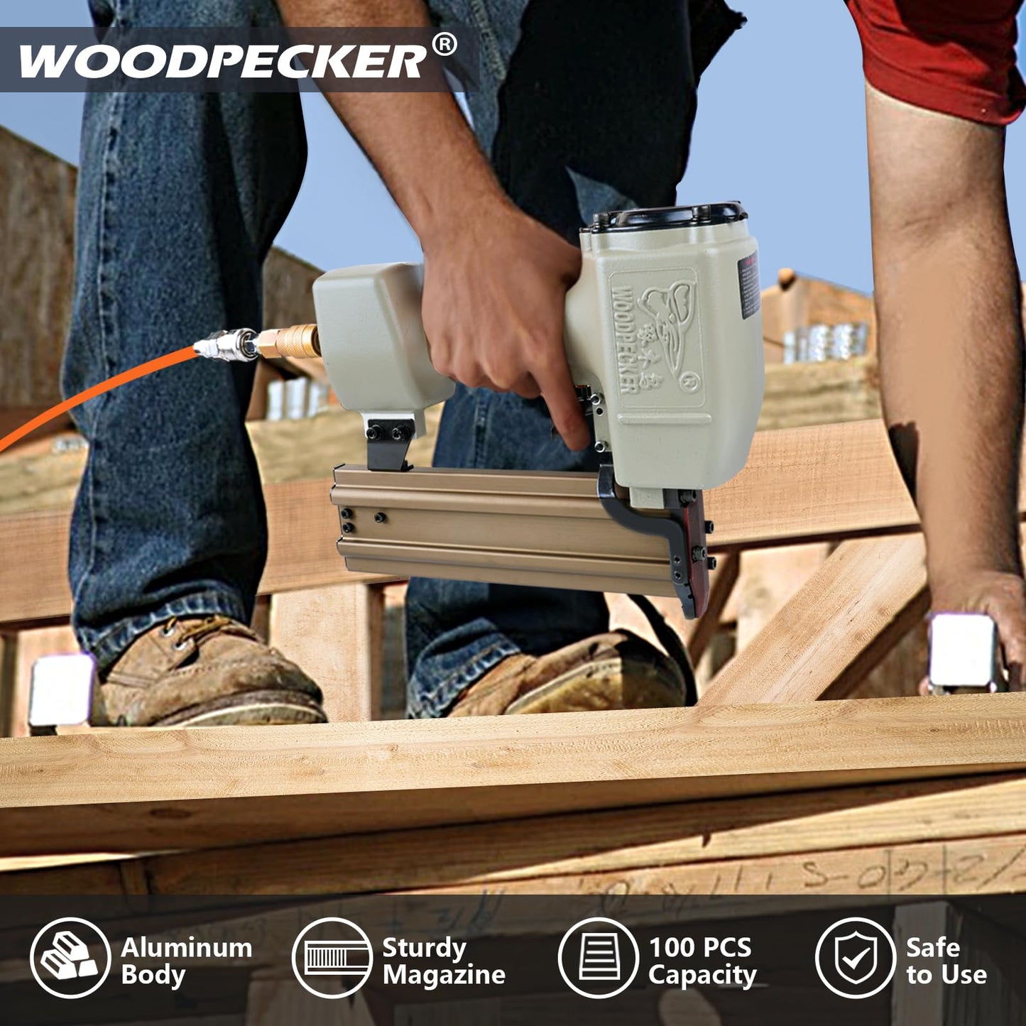 WOODPECKER ST64 Pneumatic Concrete T Nailer Kit with 1-1/4-Inch (32mm) T Nails × 800PCS
