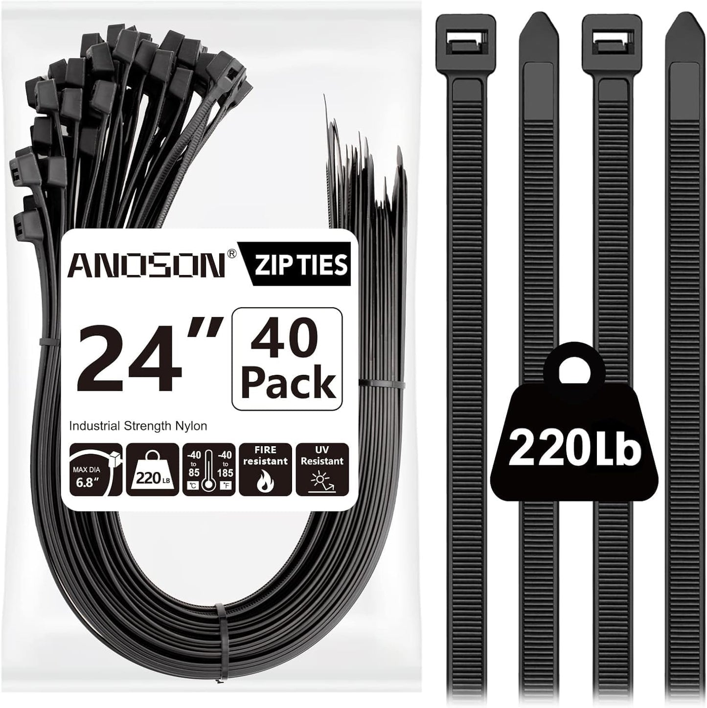 ANOSON 24 inch (40 Pack), 220 lbs, Large Zip Ties Heavy Duty Outdoor Heavy Duty Zip Ties Black, by