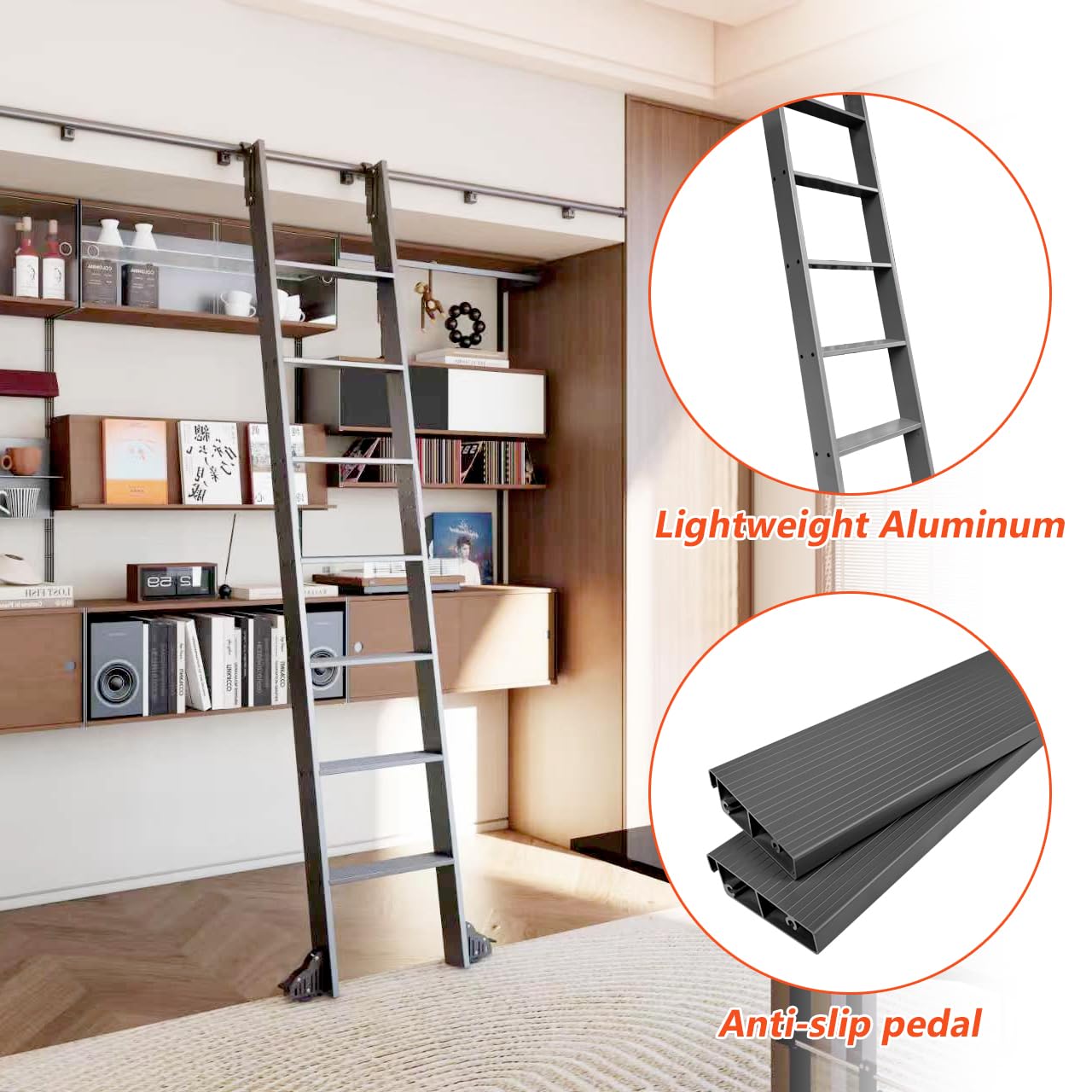 87" Sliding Library Ladder, Black +12FT Rolling Track Kit