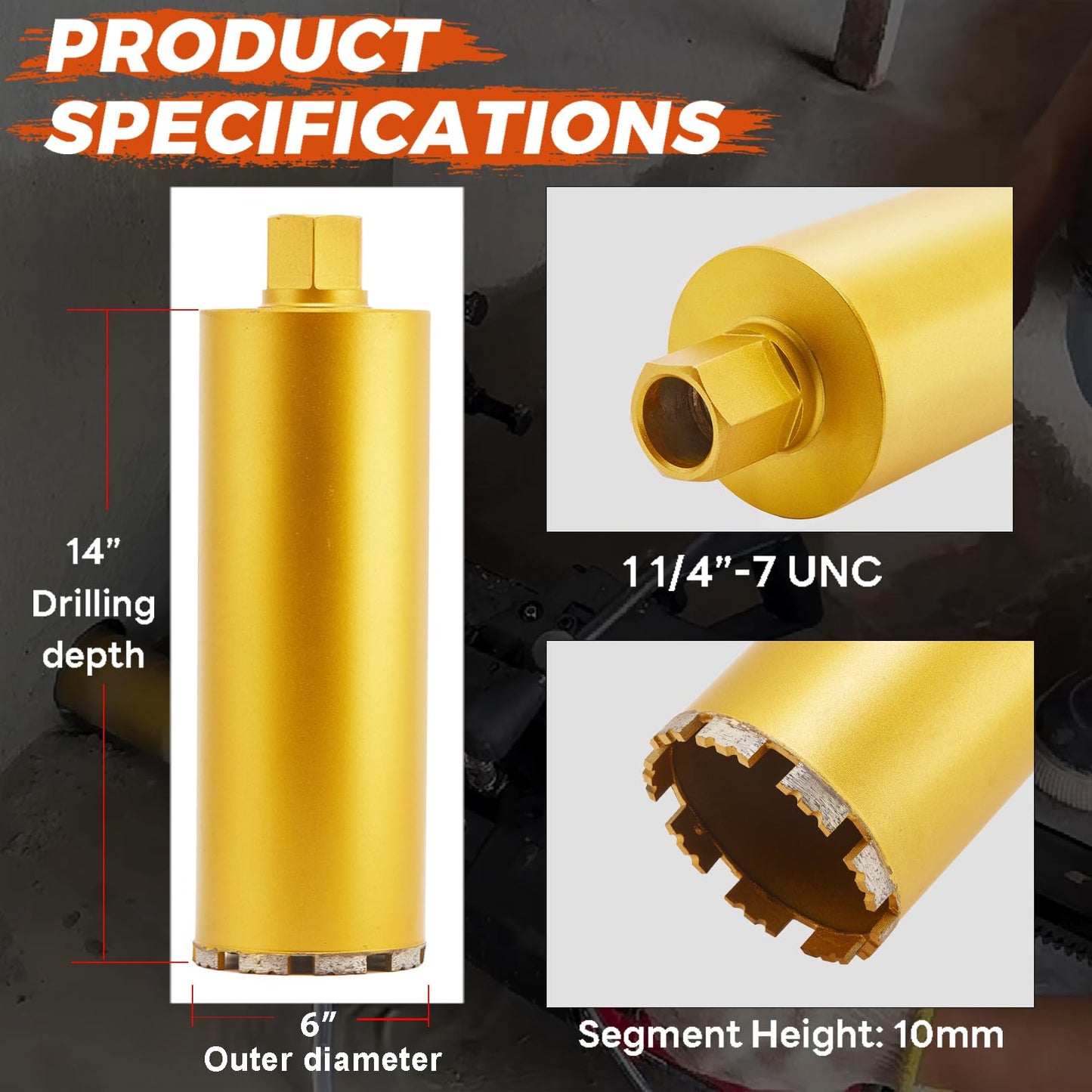 DaduoRi 6" Wet Core Drill Bit & SDS Max Shank Drill Adapter - 6" Diameter Core Bits for Concrete, 14" Drilling Depth, 1-1/4"-7 Thread Diamond Core Bit for Cured Concrete, Masonry, Brick