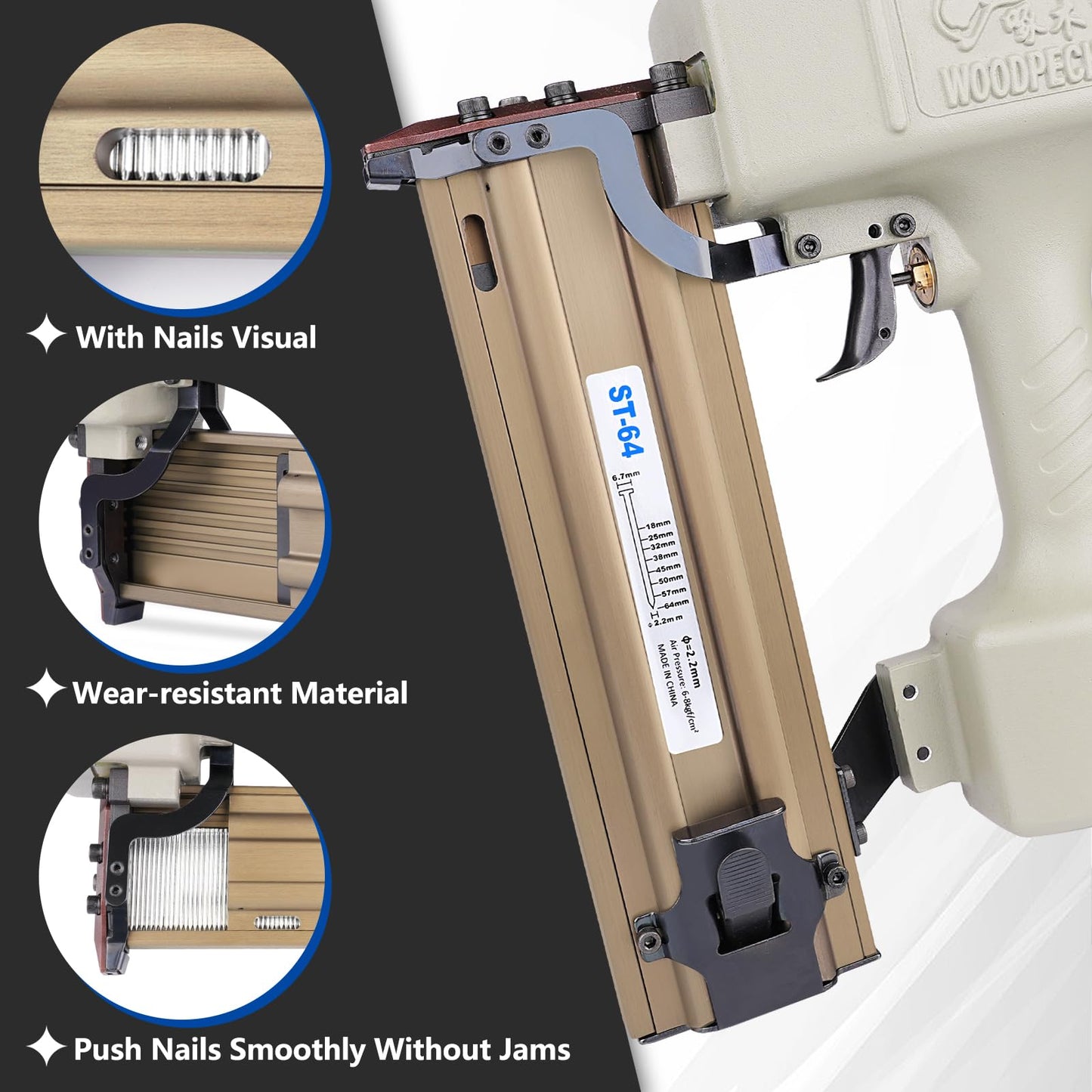 WOODPECKER ST64 Pneumatic Concrete T Nailer Kit with 1-1/2-Inch (38mm) T Nails × 800PCS