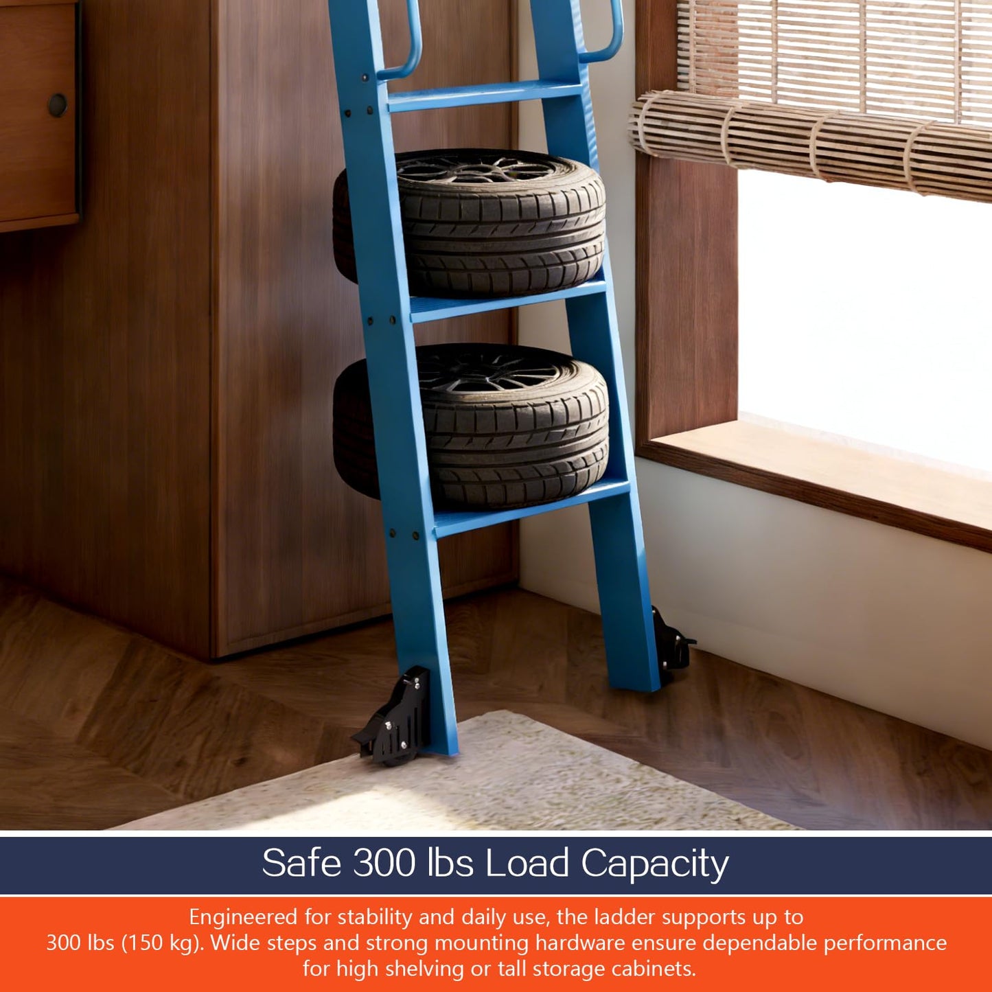 96" Sliding Library Ladder, Blue +8FT Rolling Track Kit