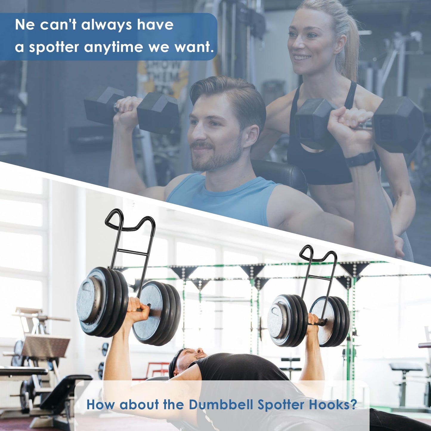QKOQKO Dumbbell Spotter Hooks, 2-Pack Upgraded 250 lbs Heavy Duty Rack Attachments for Bench Press, Chest & Shoulder Workouts, Safety Hangers with Wrist Straps