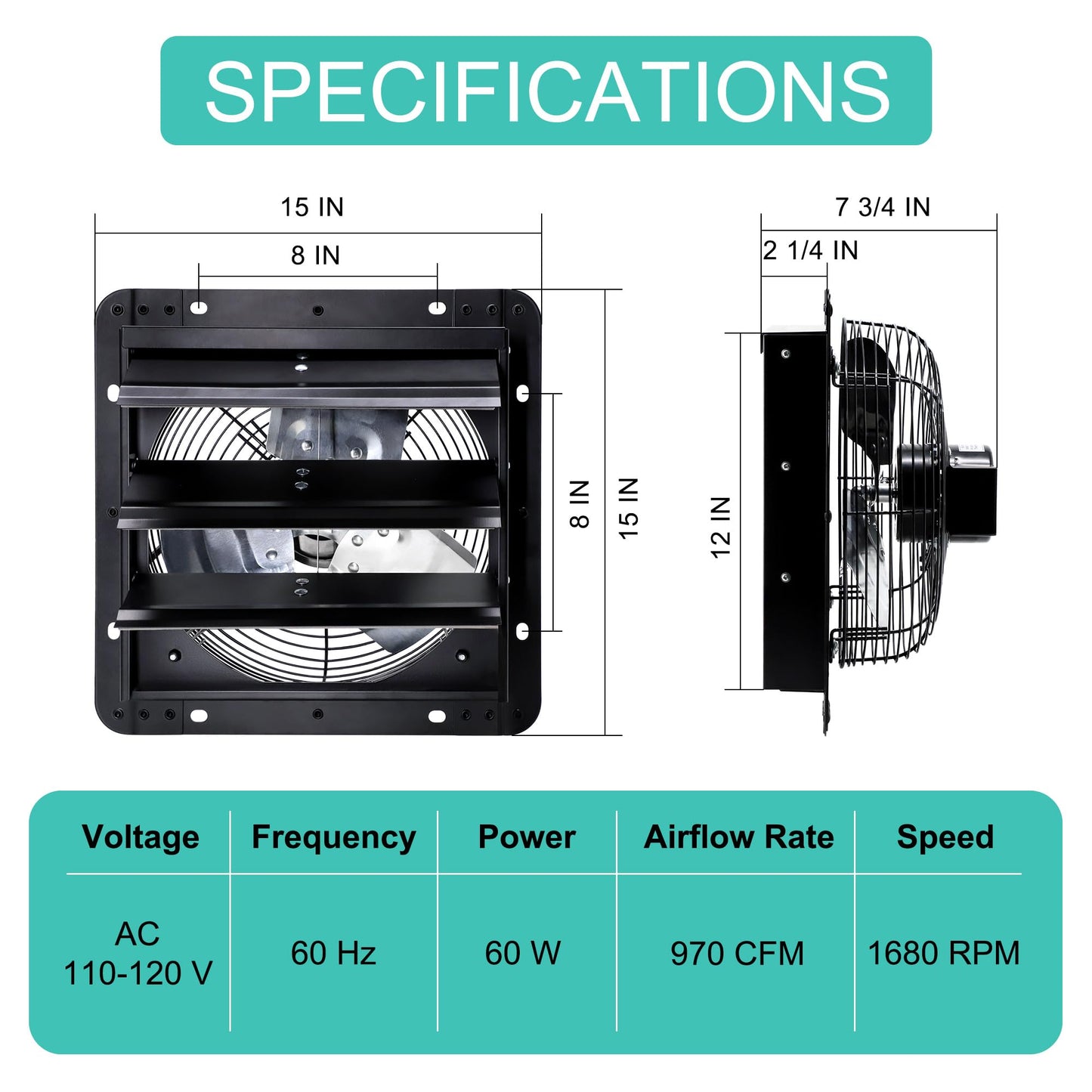 Hipoilk 12 Inch Shutter Exhaust Fan, Wall Mount Attic Fan with Power Cord for Greenhouse, Shed, Garage, Barn, Chicken Coop Ventilation, 970 CFM, Black