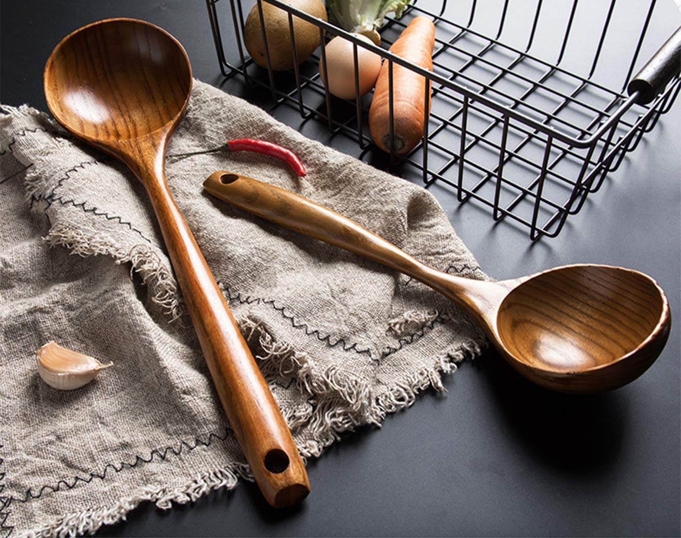 2 Pcs Wooden Spoon Ladle for Cooking Spoons Best Non Toxic Kitchen Tools -14 inch Long Kitchen Cooking Utensil & 11 inch Best Wood Spoons Large Deep Ladle Serving Spoons Soup Ladles Set