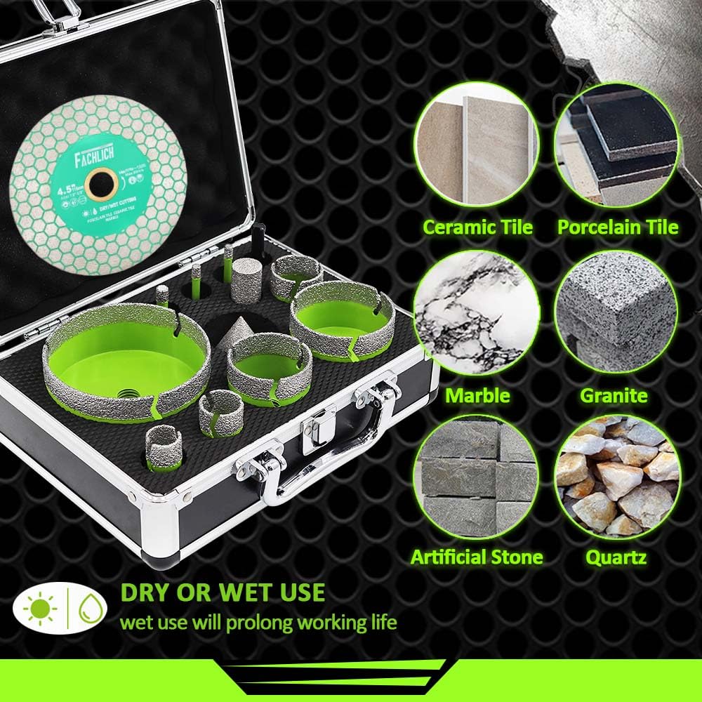 Tile Hole Saw Kit Diamond - (6/6/8/20/25/35/50/65/100mm Drill Bits+Finger Bit+Chamfer Bit+Adapter+Tile Blade) Diamond Hole Saw Kit for Porcelain Ceramic Marble Brick Granite,5/8"-11 Thread
