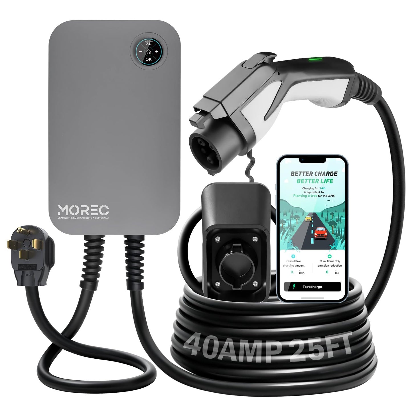 Morec Level 2 EV Charger-40AMP 240V NEMA14-50 for J1772 EVS, WiFi Enabled Electric Vehicle Home Charging Station, ETL Certified, Password Lock Function, 25ft Cable, Grey