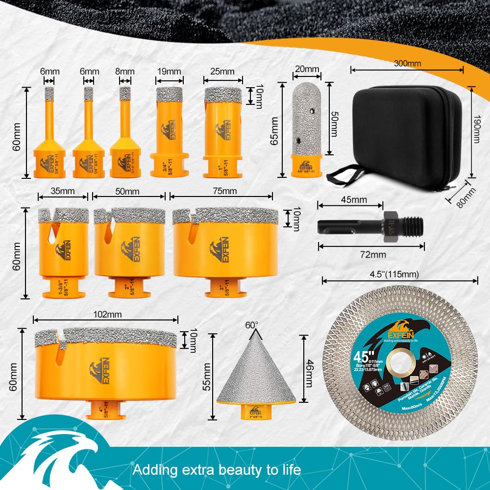 EXFEIN Diamond Tile Hole Saw Kit 13pcs - 6/6/8/19/25/35/50/75/102mm Core Drill Bits and EXFEIN Tile Drill Bits Kit 6mm 5pcs