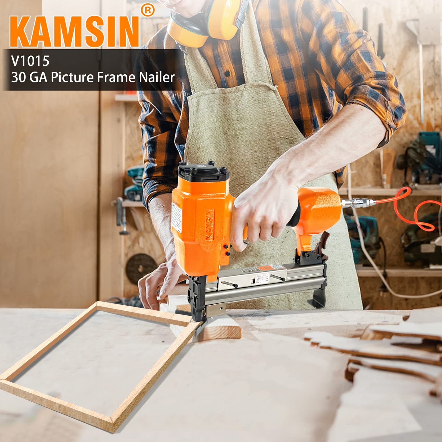 KAMSIN V1015 30 Gauge Pneumatic Picture Frame Nailer with 4,000 PCS 9/32"(7mm) Leg Length Usually used in picture frames, frame joining,wood corner joining, etc