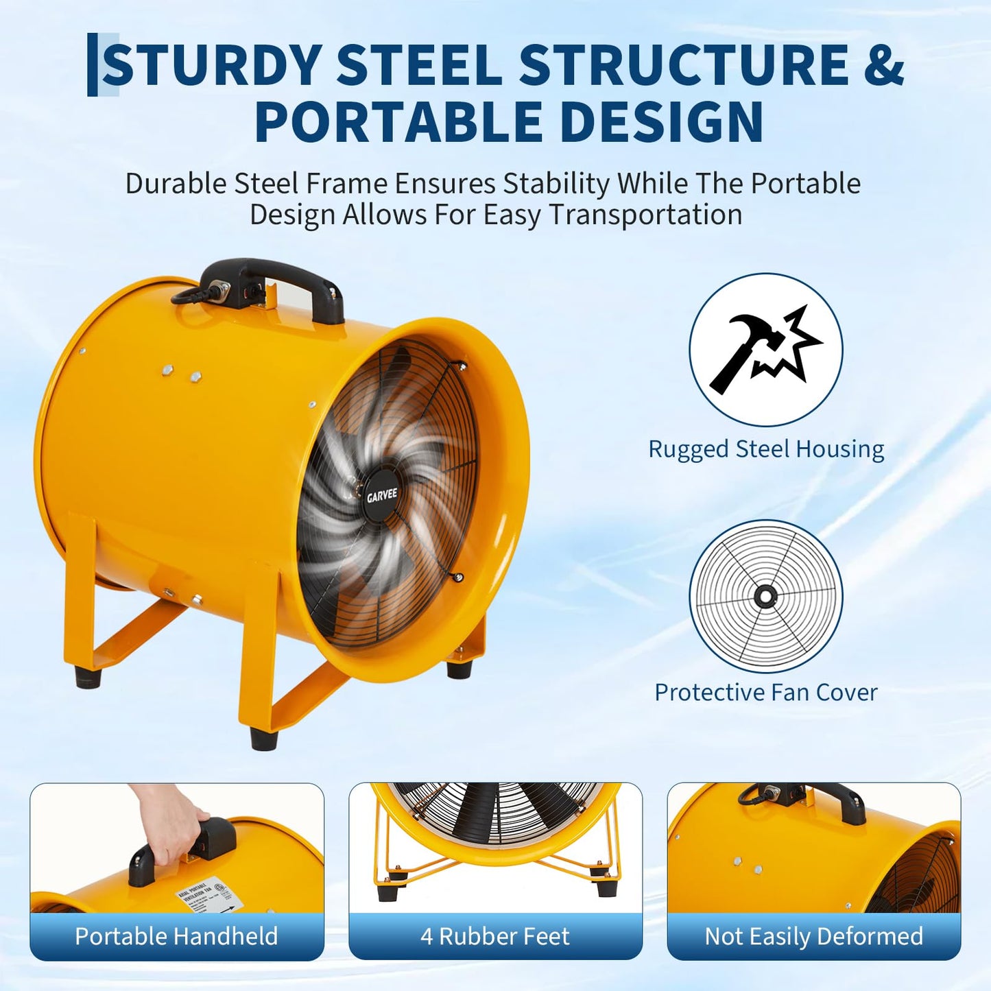 ExploreHorizon 12 Inch Air Mover Blower Fan, 3500 CFM Heavy Duty Industrial Exhaust Fan with 16.4 ft Flexible Duct, Low-Noise Portable Blower Exhaust Fan for Construction, Workshops