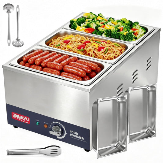 JOHAKYU ETL Listed Commercial Food Warmer with 3×1/3 GN Pans & Bonus 2×1/2 Pans, Leakproof Stretch-Forming Water Tank, Countertop Soup Station Bain Marie Steam Table for Buffet, Parties & Restaurants