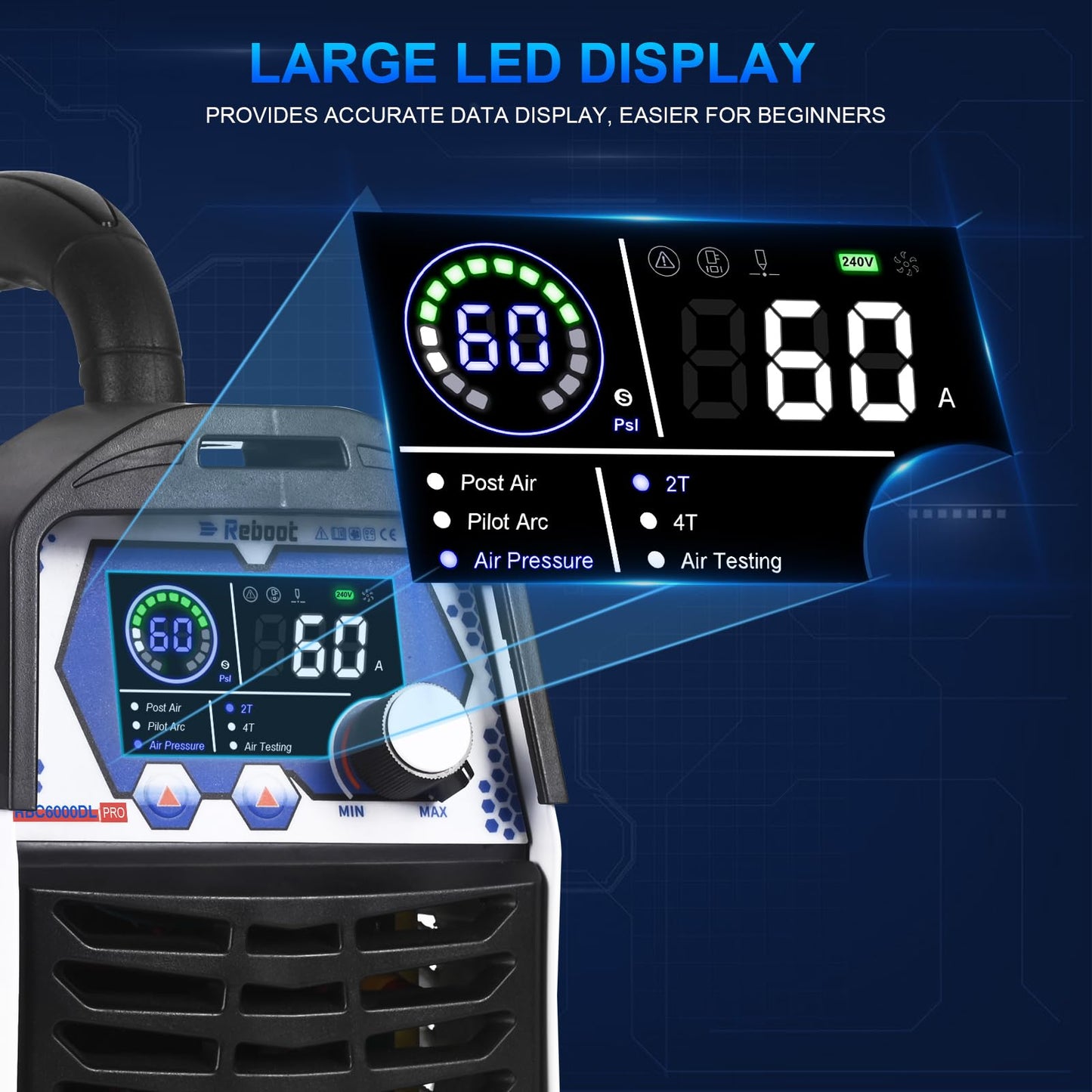 Reboot Pro 60A Plasma Cutter 2025, Pilot Arc Non-Contact Cutting, 120V/240V Dual Voltage,Large Digital Smart Screen with 250Amp MIG Welder TIG Torch Included 120V/240V RBM2500 PRO, 8-in-1 MAG/Lift TIG