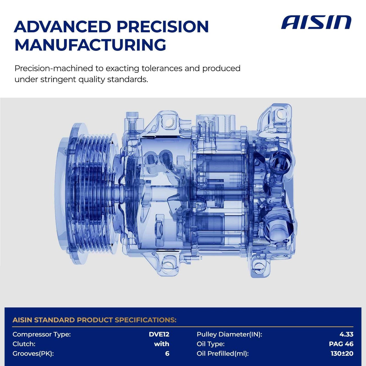AISIN AFTERMARKET ACCGM-00637 Air Conditioner AC Compressor - Compatible with Chevrolet Corvette 2014-2019 6.2L - with 6-Pulley Groove, with Clutch