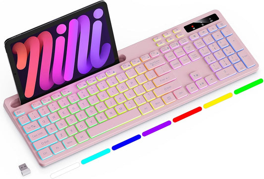 Soueto 7-Color 2.4G Wireless Keyboard with RGB Backlit, Full-Size Computer Keyboard with Phone Tablet Holder