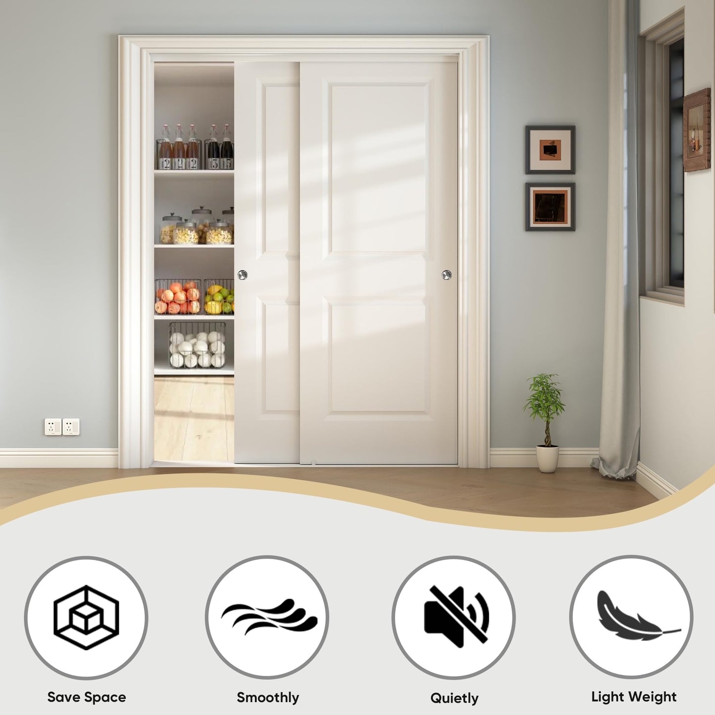 JUBEST 60x80 in Sliding Closet Door, Raised 2-Panel Square Top White Primed Hollow Core Door Slab with Hardware Kits & Matching Fascia, Pre-drilled & Paintable, Space-Saving for Bedroom Laundry