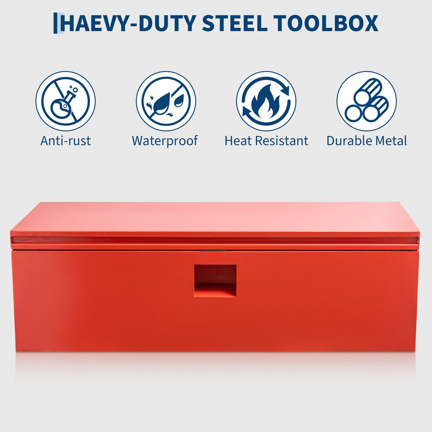 PeakPursuit Heavy Duty Red Steel Truck Bed Toolbox – Waterproof Industrial Storage Chest, Gas-Shock Lid, Rubber Seal, Lock & Keys for Pickup, RV, Trailer