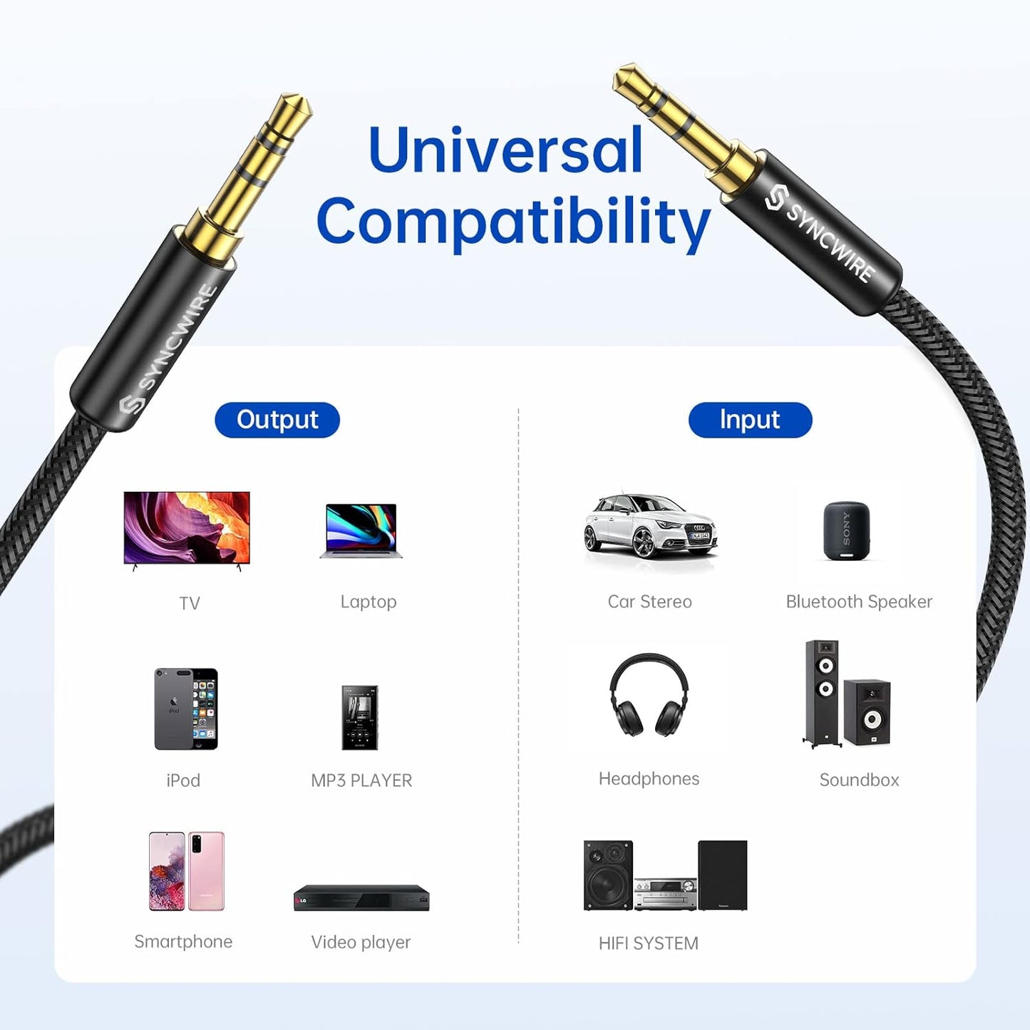 3.5mm (26.2ft/8m, SYNCWIRE Nylon Braided Aux Cable Hi-Fi Sound), Audio Auxiliary Input Adapter Male to Male AUX Cord