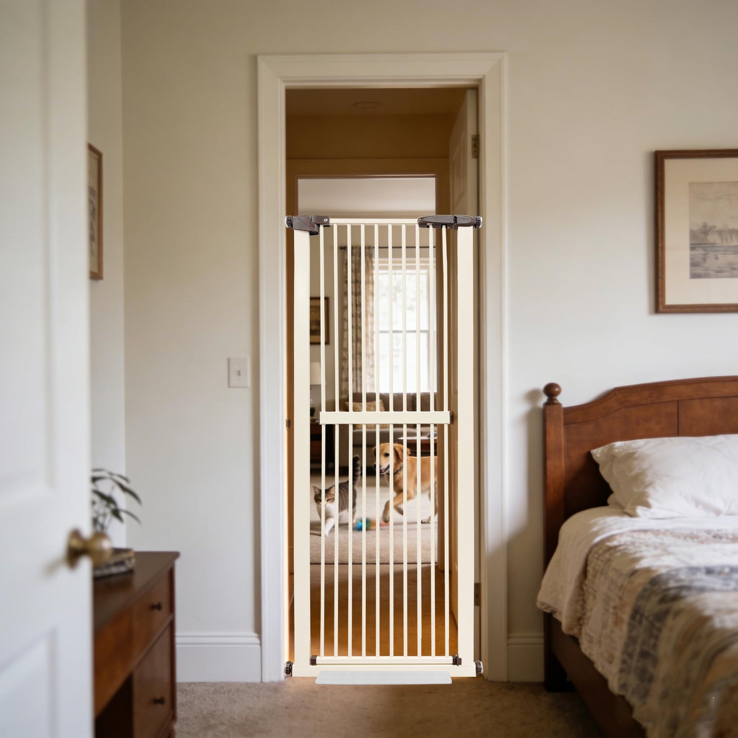 Lumizone Extra Tall Cat Gate 61.02" High Pressure Mounted Extra Wide 26.38"-30.11" (17Sizes) 1.37" Gap No Drilling Auto-Close Tall Pet Gate for Dogs (Cream, 26.38"-30.11" W)