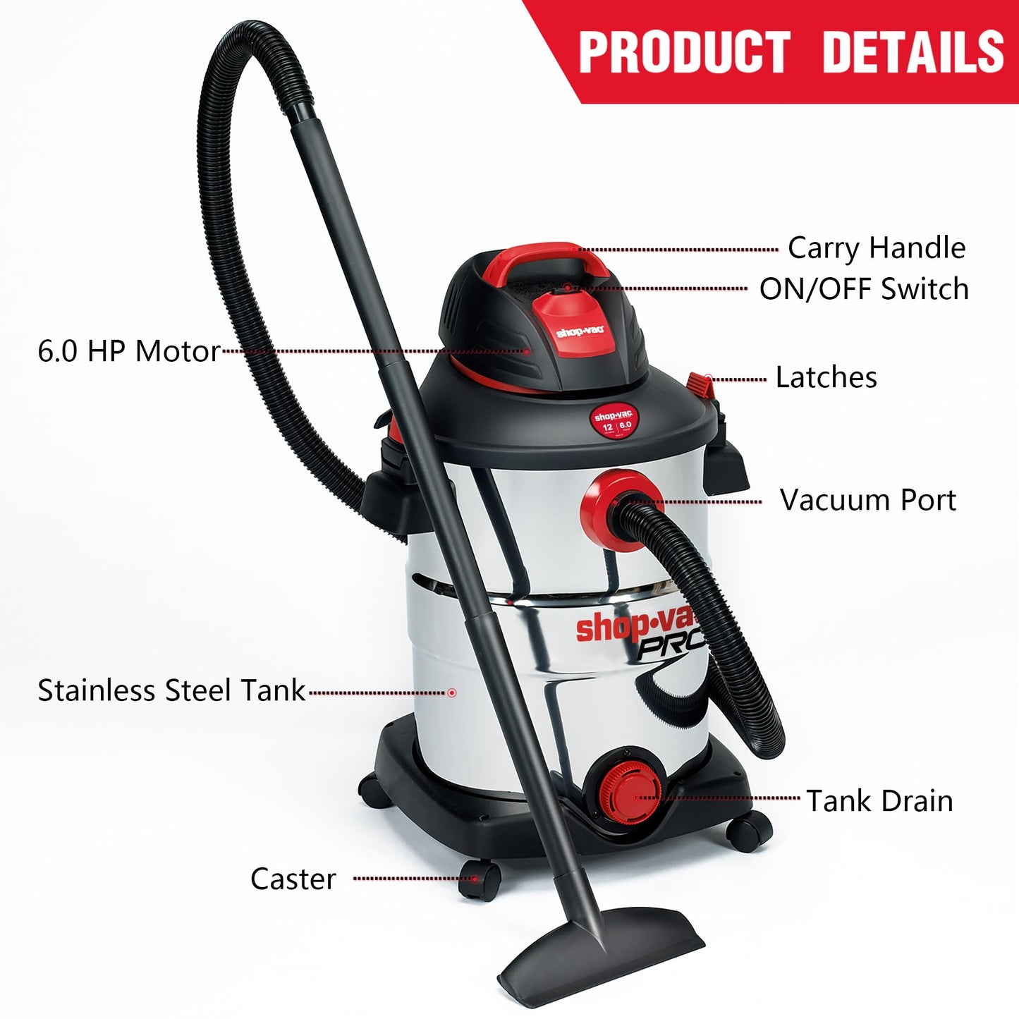 Shop-Vac 12 Gallon 6.0 Peak HP Wet/Dry Vacuum and Dust Collector with 5 Gallon Stainless Steel Tank