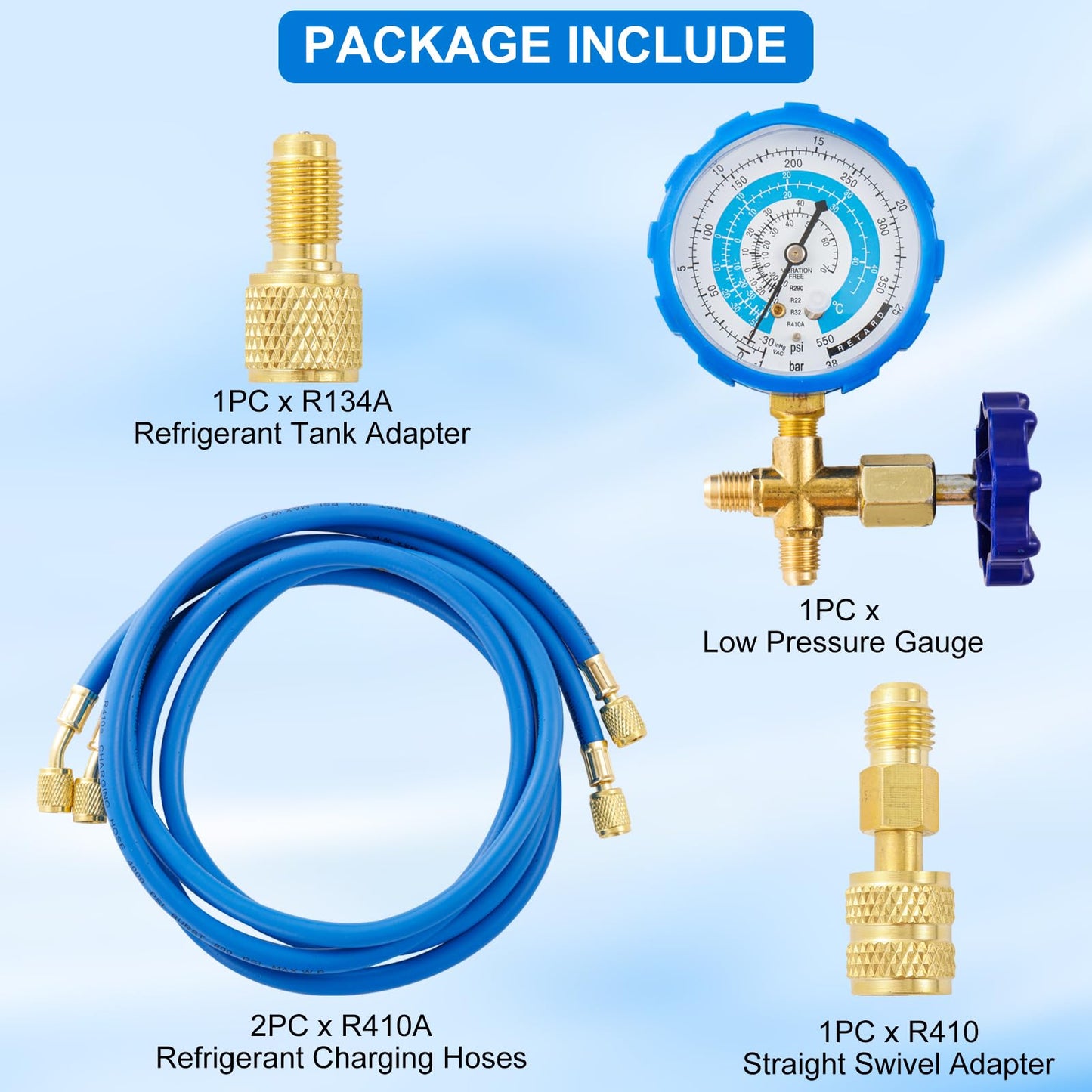 R410A Recharge Kit AC Charging Hose, R410A Manifold Gauge Set with R410A Mini Split Adapter 1/4 x 5/16, R134A Tank Adapter 1/4 SAE X 1/2, Low Pressure Manifold Gauge Hose 59’’