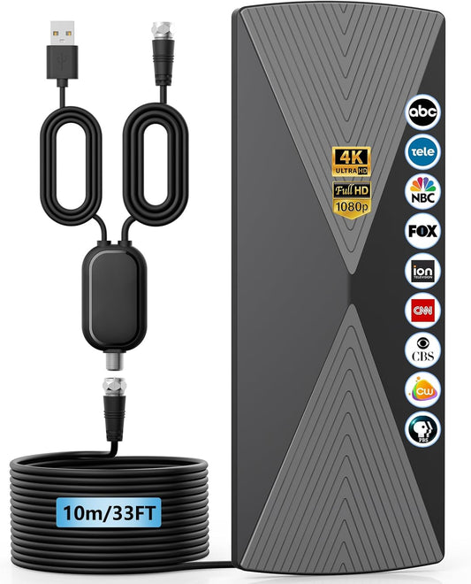 HIDEMI 2026 4K 1080p -33ft TV Antenna, Digital TV Antenna Indoor with Signal Booster, Long Range Antenna for Smart TV