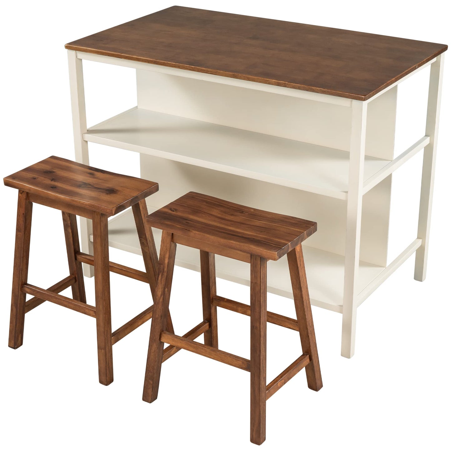 Polibi 3-Piece Kitchen Island Set with 2 Stools and 2 Shelves, Rustic Rubber Wood Dining Set Prep Table Set with Open Shelves for Small Places, Walnut+Cream White