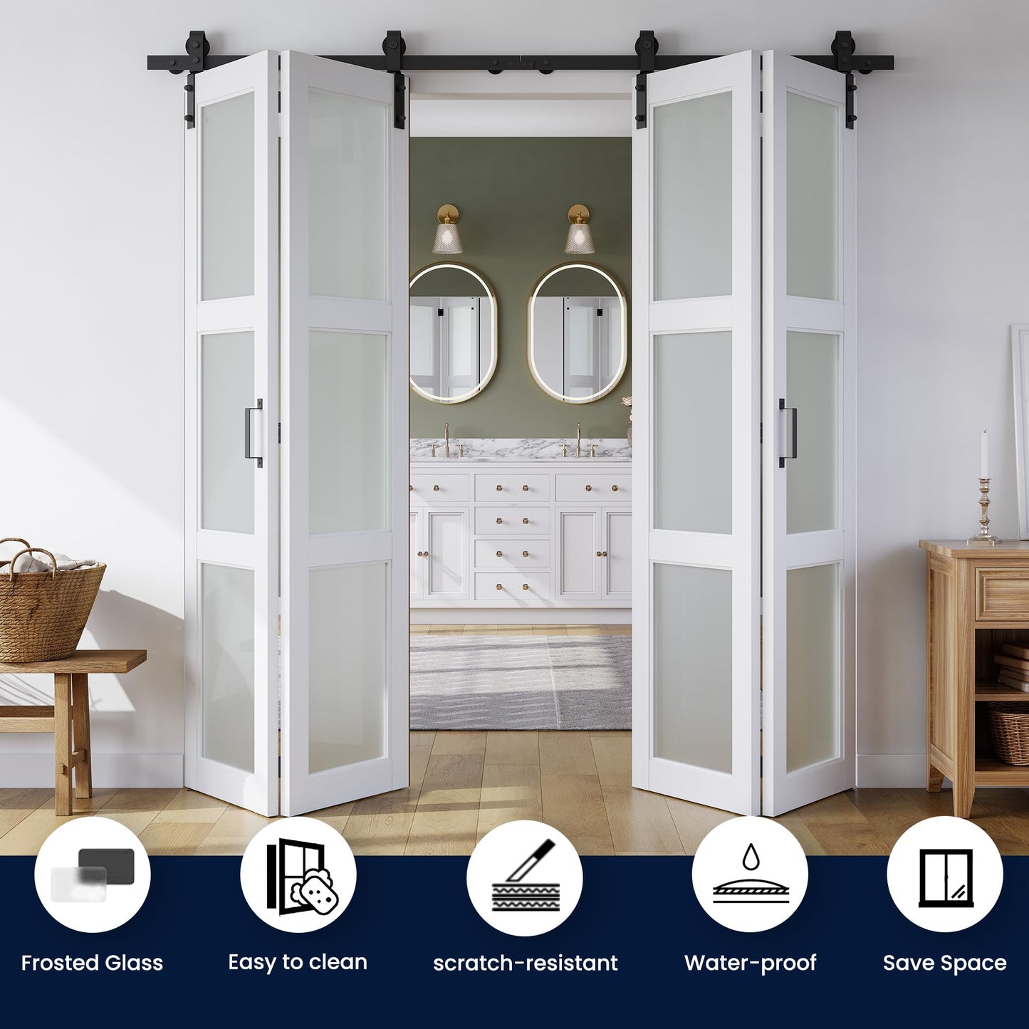 SMARTSTANDARD 56in x 84in Bifold Barn Door, Frosted Glass Barn Door with Hardware Kit Included, Pre-Drilled Holes Easy Assembly -Solid Barn Doors Slab Covered with Water-Proof PVC Surface, White