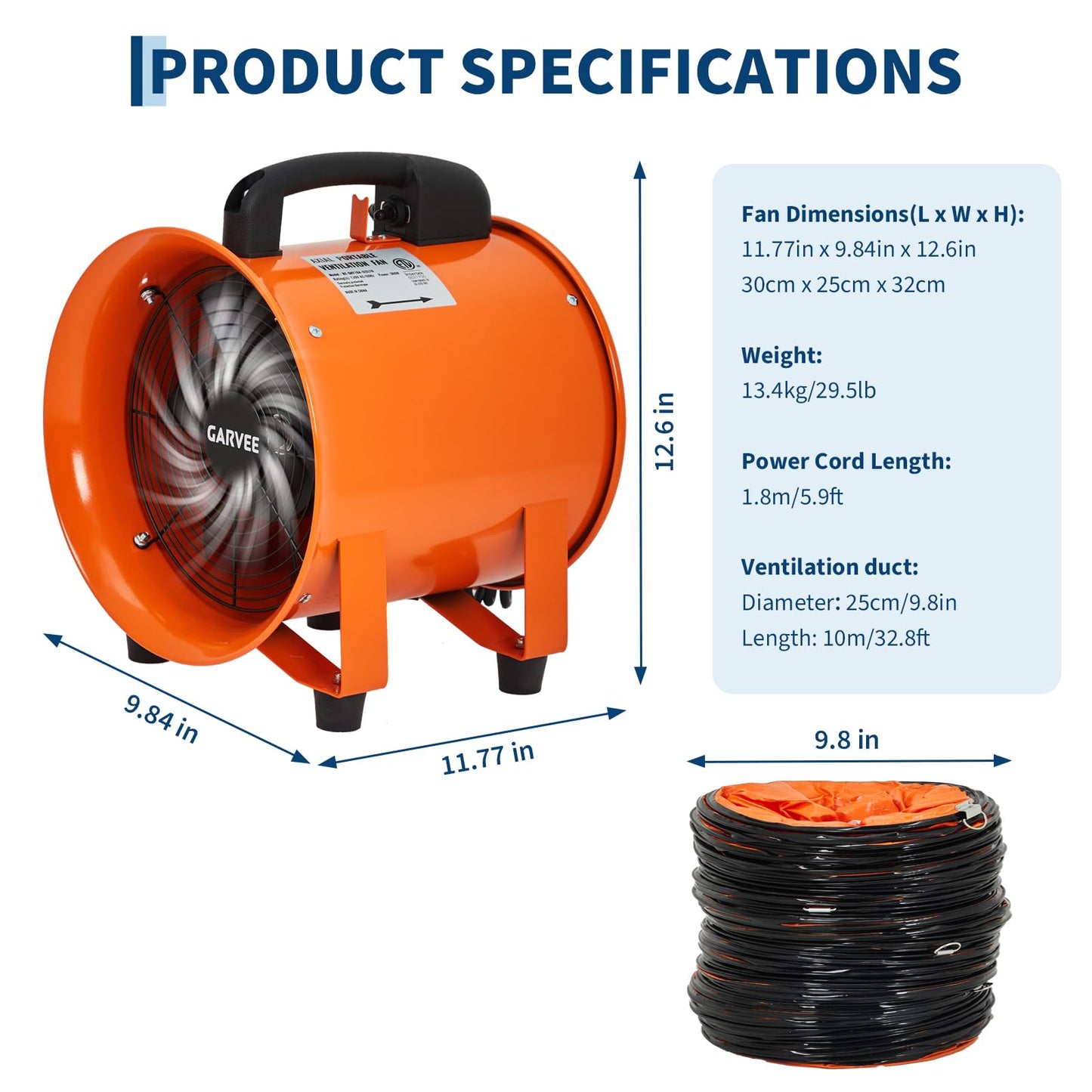 8 Inch Utility Blower Exhaust Fan, Portable Industrial Exhaust Fan with 32.8 ft Flexible Duct Hose, 1100 CFM Low-Noise Air Mover Blower Fan/Extractor/Ventilator for Basements, Workshops, Warehouses