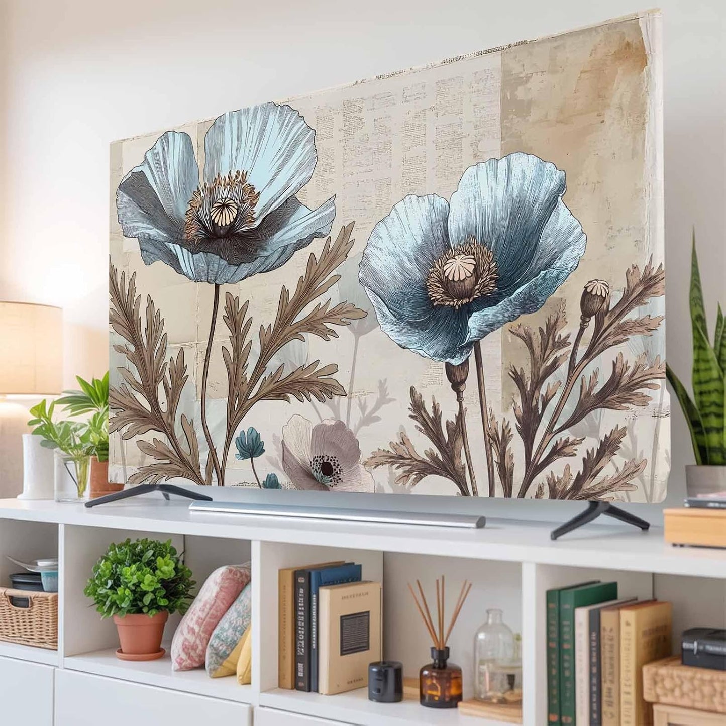 Yukro 85 Inch, 74"x42" Blue Broccoli Indoor TV Dust Cover, Rustic Farmhouse Floral Retro Brown Plant Elastic TV