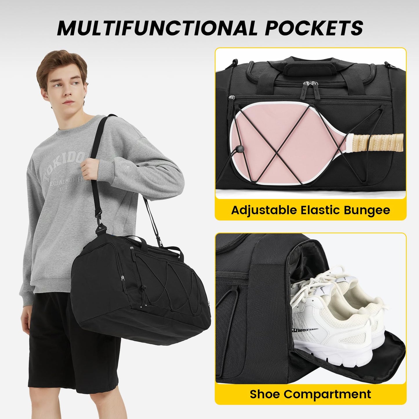 Vorspack Gym Bag for Men - 21 Inches Duffle Bag for Travel Lightweight Duffel Bag with Shoe Compartment Personal Item Travel Bag Weekender Bag for Travel Sports Gym - Black