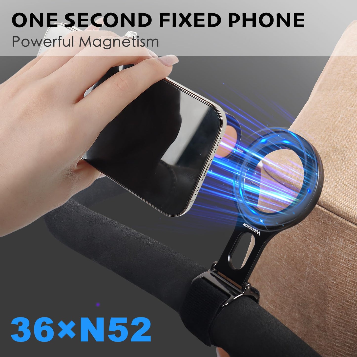 Magnetic Phone Holder for Stroller Bar, Compatible with MagSafe (Strong Magnet) - 180° Adjustable for Gym, Home Fitness Bikes, Shopping Cart, with Adjustable Strap, All Phone (Magnetic Ring Included)