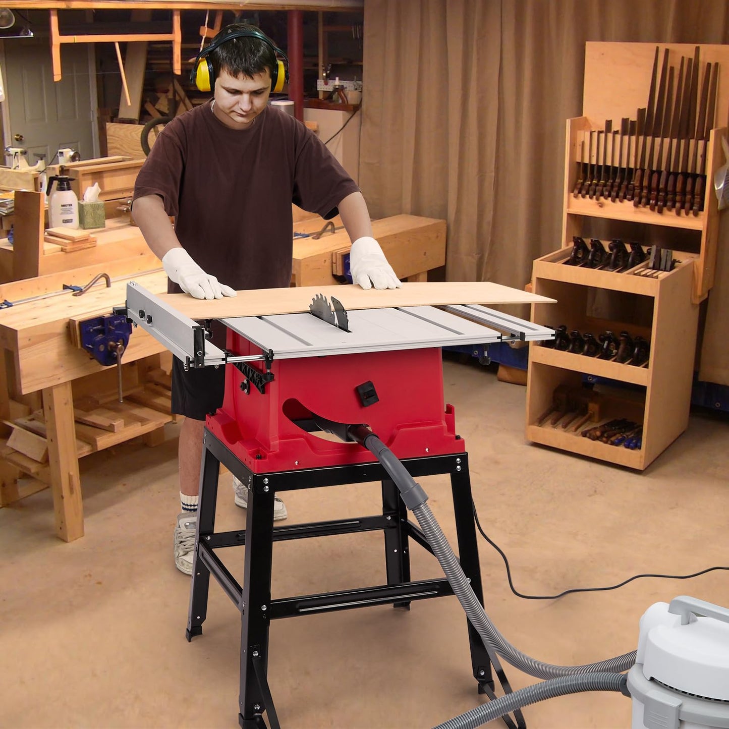 10inch 15A 5000RPM Portable Table Saw with Stand & Safety Switch, Push Stick, 90°Cross Cut & 0-45°Cutting, Multifunctional Table Saw for Woodworking or DIY Working