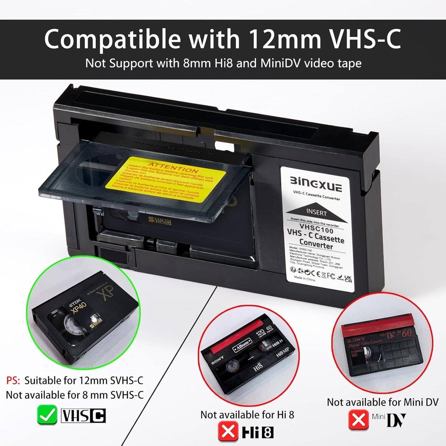 Bingxue 2026 Cassette 12mm Cassette Updated VHS C Adapter, SVHS VHS-C to VHSC, VHSC Tapes Camcorders Motorized for VCR