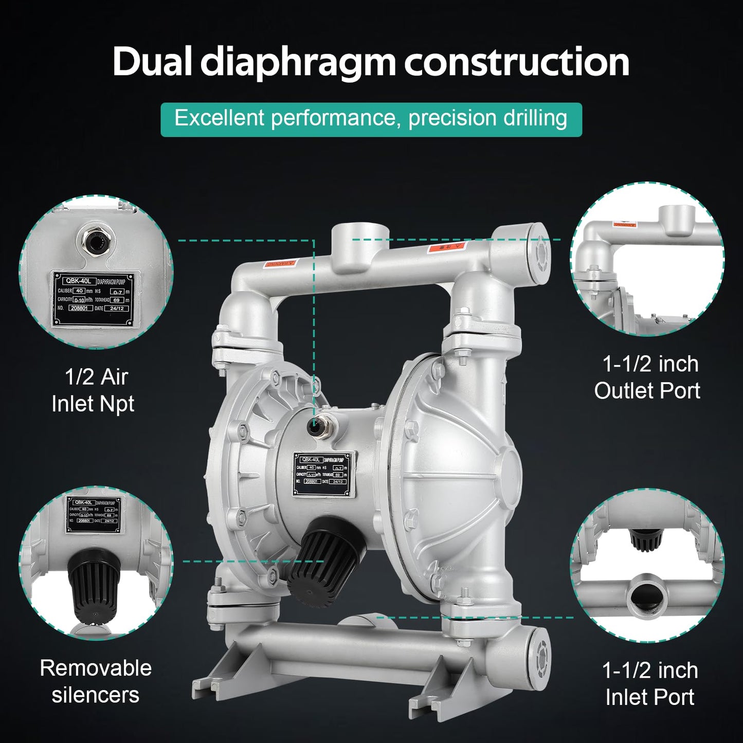 Air Operated Double Diaphragm Pump 1-1/2 inch Inlet & Outlet, 44GPM, Max 115PSI Air Waste Oil Pneumatic Transfer Pump with 2 Extra Diaphragms,Air Diaphragm Pump Aluminum Alloy, QBK_40L
