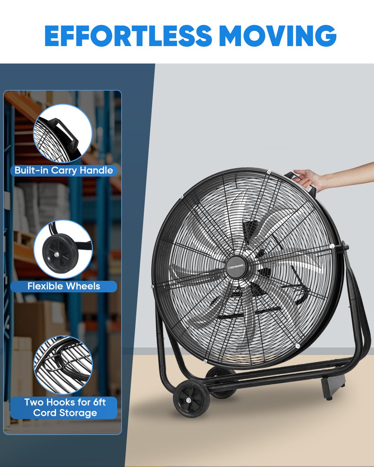 KEN BROWN 24 Inch Industrial Drum Fan, High Velocity Floor Shop Fan, Heavy Duty, 9500 CFM, 8 Blades, 3 Speeds, 360 Degree Tilt, Ideal for Industrial, Commercial, Gym, Garage Use, Black