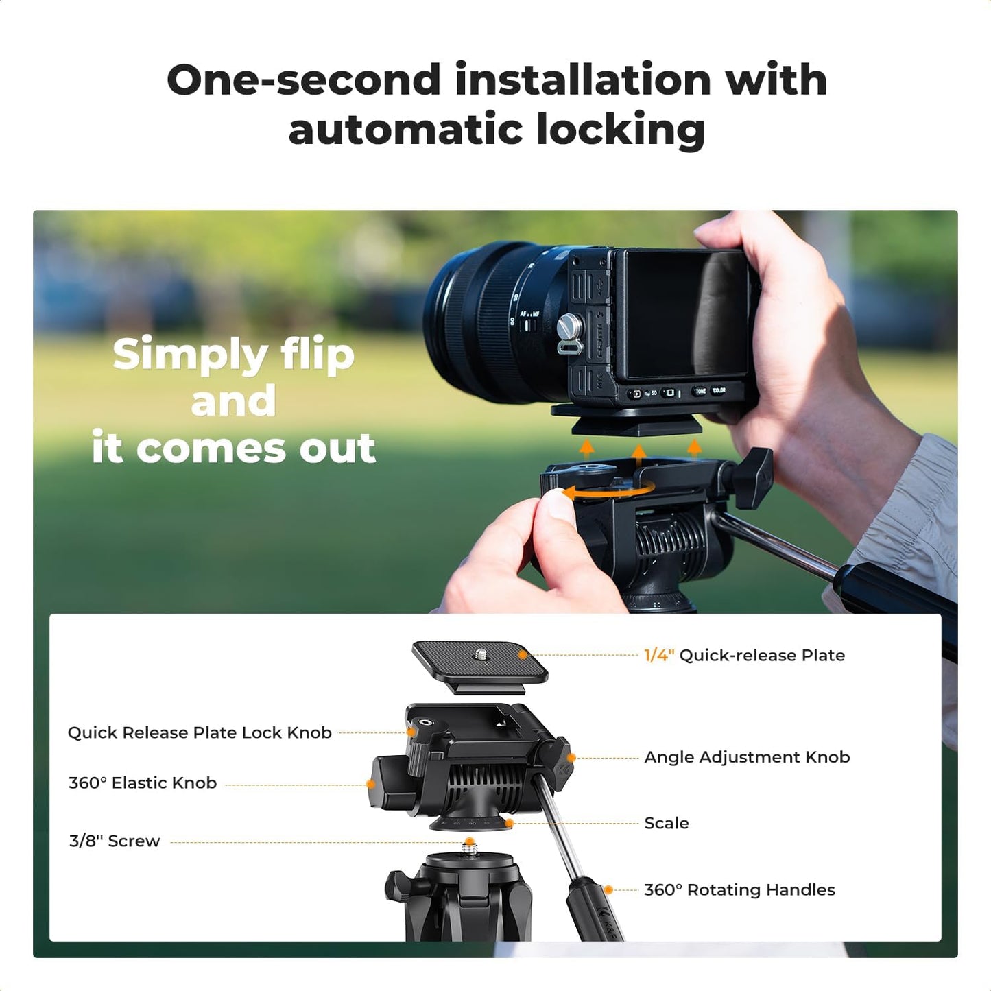 K&F CONCEPT Camera Tripod, 75" Lightweight Portable Travel Outdoor DSLR Tripods for Camera Phone Video Recording Tripod Stand, Cellphone Clip for Smartphone Live Streaming Vlog, Black