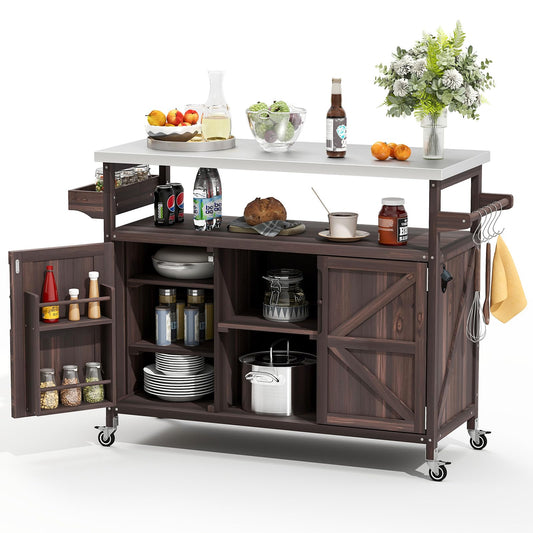 Zevemomo Outdoor Grill Cart with Storage Space, Stainless Steel Tabletop Outdoor Kitchen Island, Fir Wood Outdoor Buffet Cabinet with Lockable Casters for Grilling, Brown