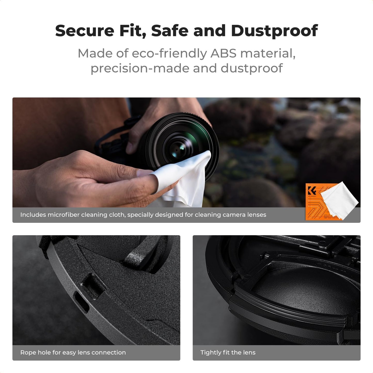 K&F CONCEPT 43mm 4-in-1 Pinch Lens Cap Cover, Center Lens Cover + Anti-Loss Keeper Leash + Microfiber Cleaning Cloth