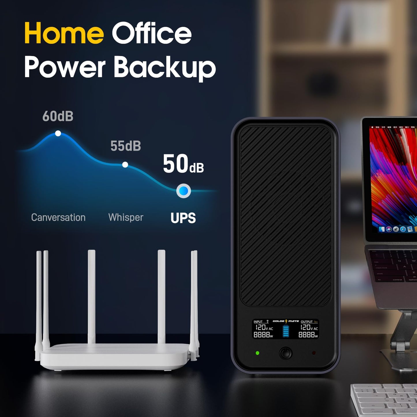 GOLDENMATE 1000VA/800W Lithium UPS Battery Backup & Surge Protector, Backup Battery Power Supply with LiFePO4 Batteries(230.4 Wh), Sinewave UPS System, 10 Years Lifespan, 8 Ports, LCD Display, Gray