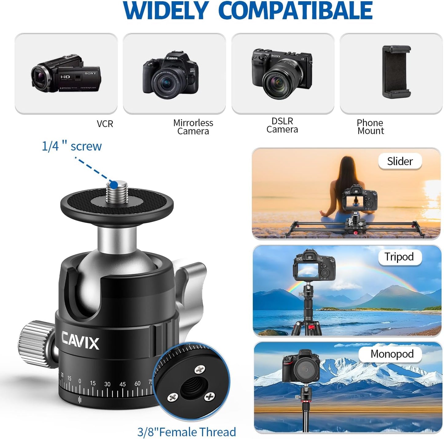 CAVIX 25mm 360 1/4" 11lb/5kg Mini Ball Head Panoramic Tripod Head Small Ball Head with Quick Release Plate