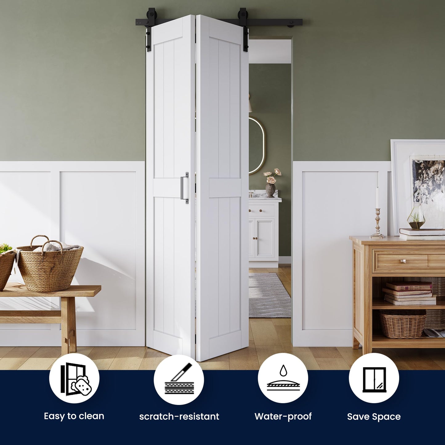 Bifold Barn Door 32" x 84", MDF Bi-Fold Sliding Closet Doors with Hardware Kit Included, Pre-Finished Easy Assembly, Water-Proof PVC Surface & Save Space, H-Frame, 36" Track for 2 Doors,White