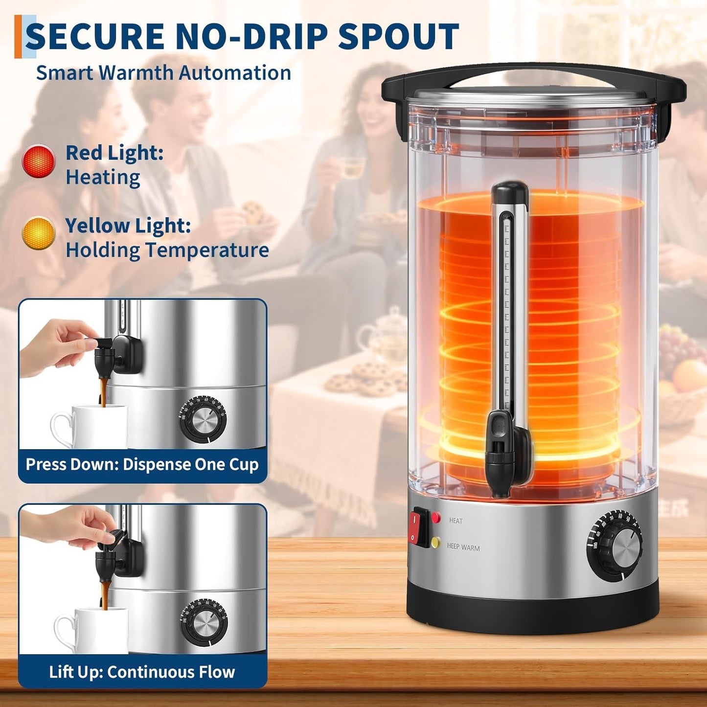 PeacefulHues 110 Cup Commercial Coffee Urn,16l / 4.2Gal Double Wall Insulation Coffee Dispenser,Stainless Steel Large Hot Beverage & Water Dispenser with Automatic Temperature Control for Buffets