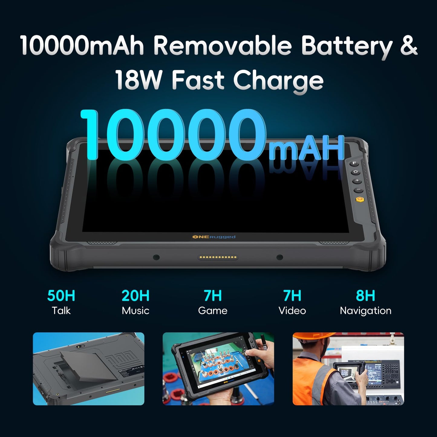 ONERugged 10.1" Rugged Tablet M10T Android 14, 1000 Nits Sunlight Readable, 8GB+128GB, 10000mAh Removable Battery, 4G LTE, IP65 MIL-STD-810H Industrial Tablet for Fieldwork & Construction
