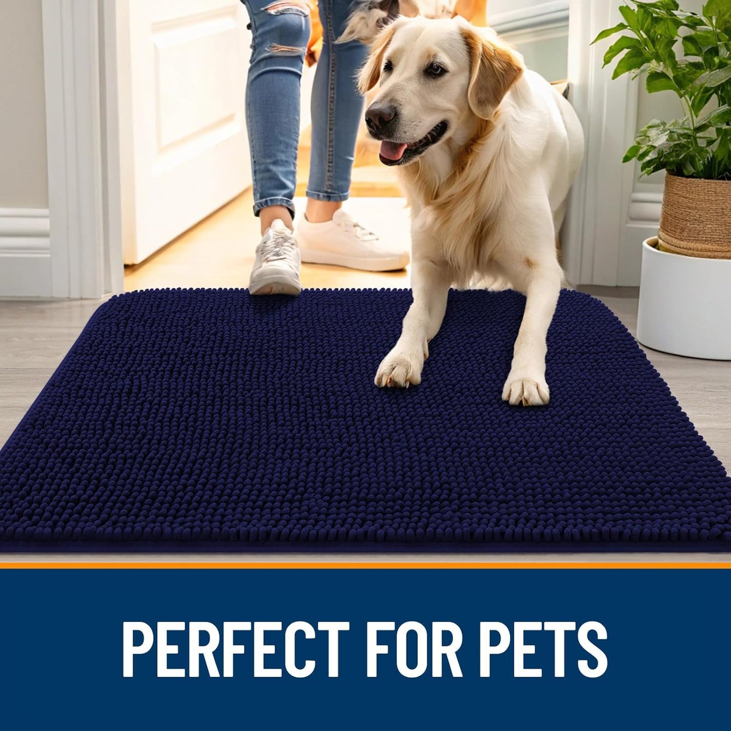OLANLY Dog Door Mat - Absorbent Non-Slip Washable Doormat for Muddy Paws | 44x24 Navy Blue