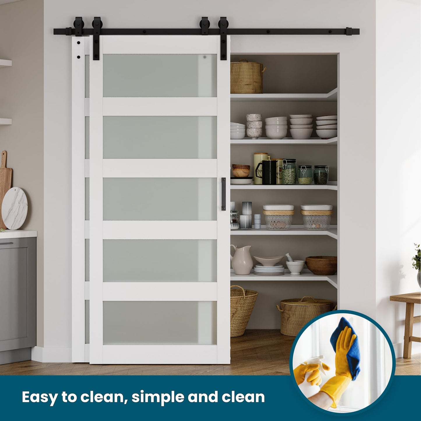 SmartStandard 48in x 84in Double Glass Sliding Barn Door with 8FT Bypass Sliding Barn Door Hardware Kit, 5-Panel Frosted Glass,Waterproof, Save Space, Easy Install, Fit 84"-88" Openning, White