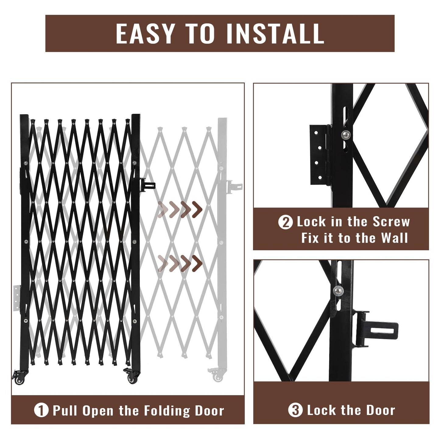 SierraSquad Single Folding Security Gate 85" H x 95" W, Steel Expandable Fence with 360° Rolling Wheels for Courtyard, Garage, and Garden Access Control