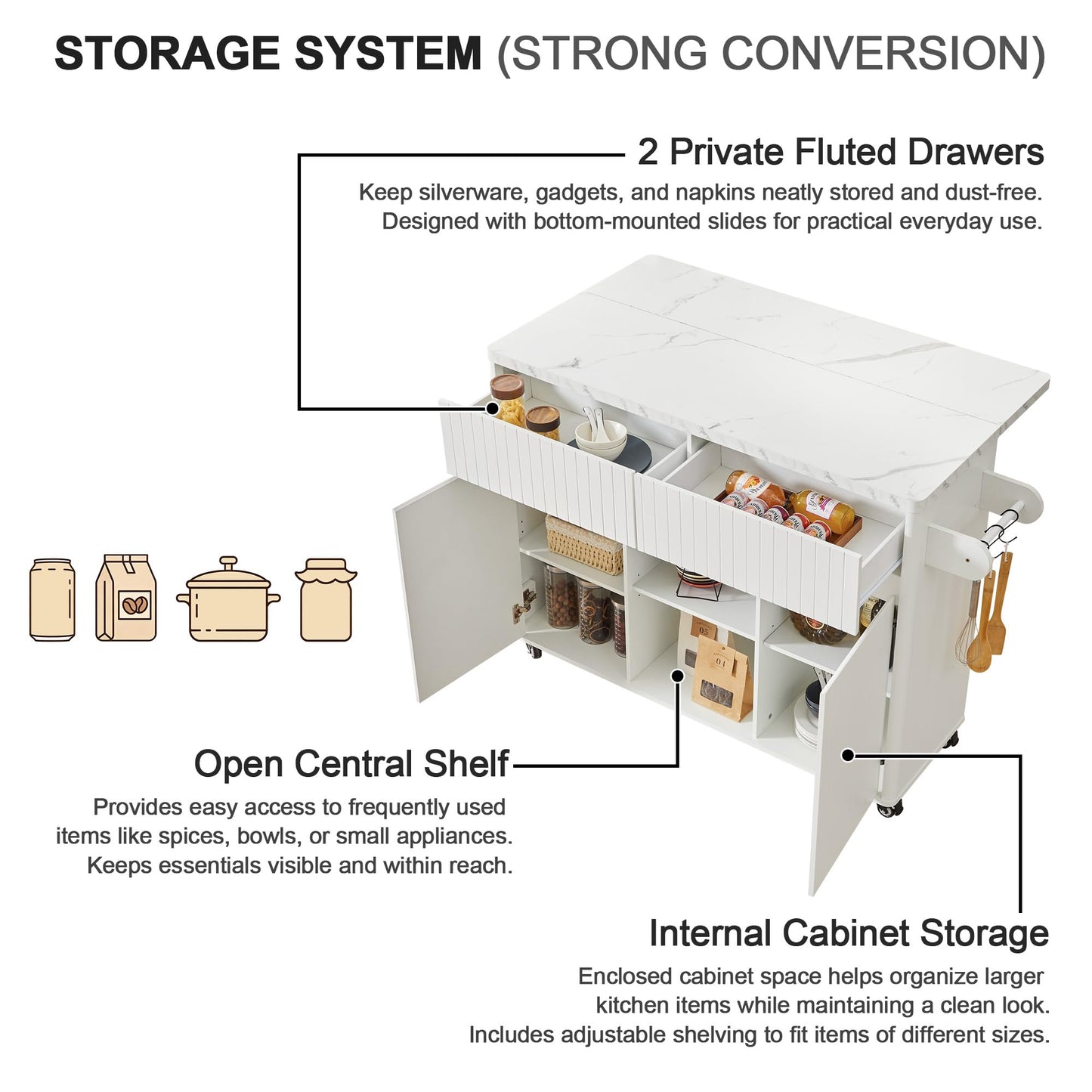 weselon 47" Mobile Kitchen Island with Storage & Drop Leaf, Rolling Kitchen Cart on Wheels with 2 Drawers, Adjustable Shelves, Towel Rack & Hooks, Faux Marble Top Island Table for Kitchen (White)